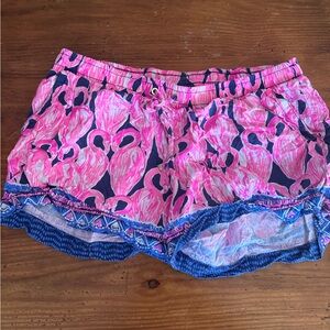 Lilly Pulitzer Pink Flamingo Print Shorts with Navy & Blue Trim